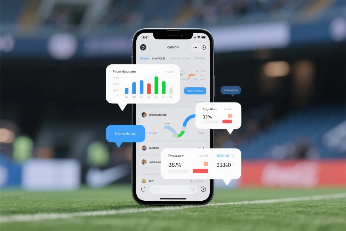 手机上的比赛数据界面与聊天气泡叠加，体现赛前预判与赛后复盘的社交话题