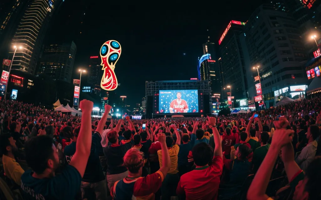 世界杯比赛日城市街头,球迷在公共观赛区与城市夜景交织