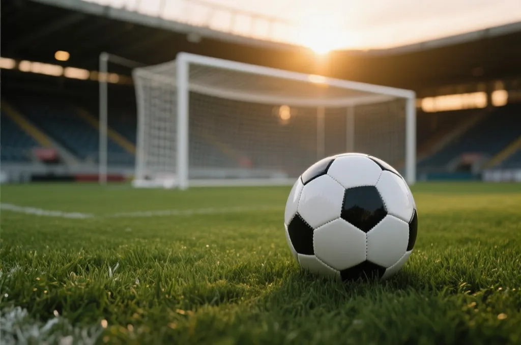 A classic soccer ball resting on lush green grass of a stadium pitch looking towards the goal net during golden hour
