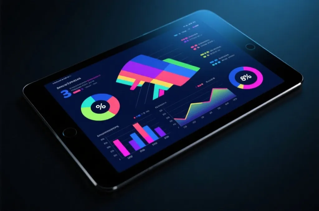A modern digital tablet showing colorful abstract sports analytics charts, graphs, and percentage indicators on a dark background, cinematic lighting